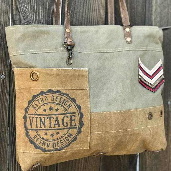 MYRA Military Badge Canvas Leather bag purse - Picture 3 of 8